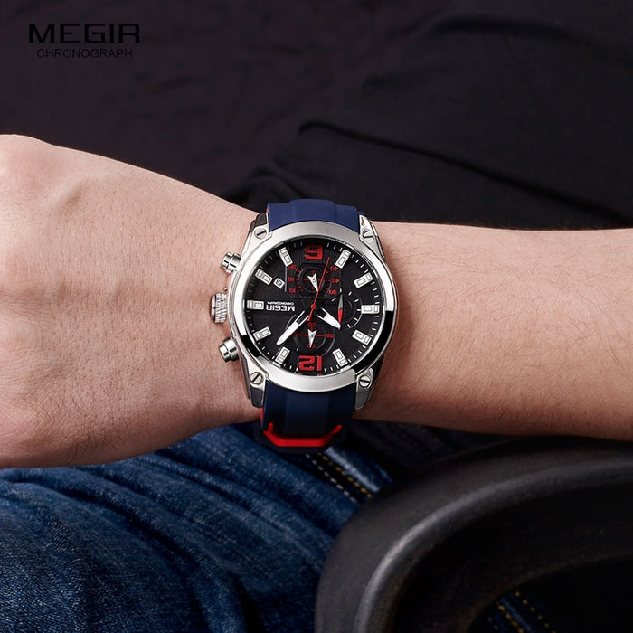 Megir Men's Chronograph Analog Quartz Watch with Date, Luminous Hands, Waterproof Silicone Rubber Strap Wristswatch