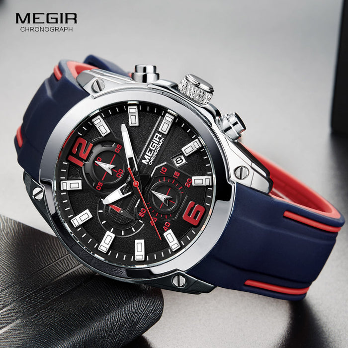 Megir Men's Chronograph Analog Quartz Watch with Date, Luminous Hands, Waterproof Silicone Rubber Strap Wristswatch