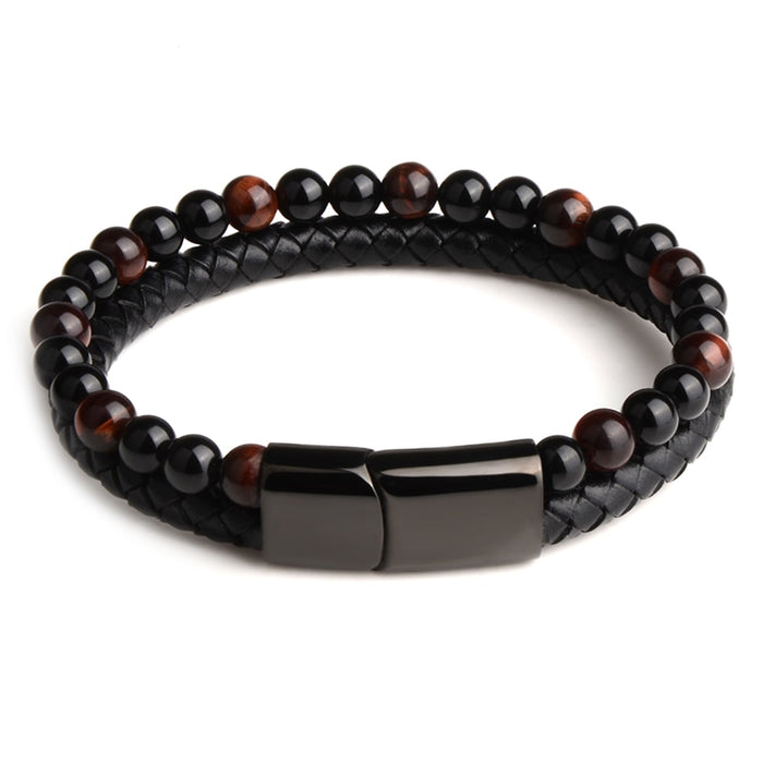 Pulseras de piedra natural Pulsera trenzada de cuero genuino Cierre magnético de acero inoxidable negro Brazaletes de cuentas de ojo de tigre Joyería para hombres 