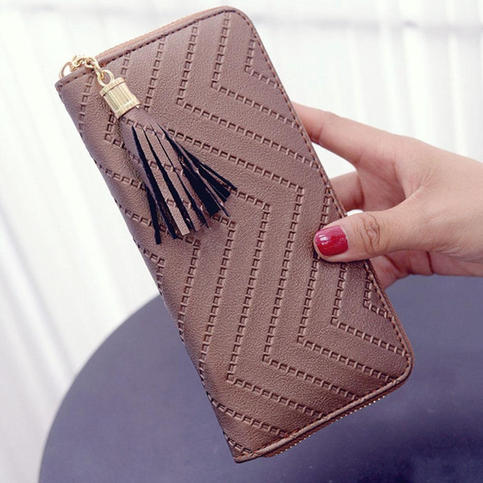 ISKYBOB Women Long Wallet Lady Leather Wallet Clutch Handbag Checkbook Purse Tassel Purse Women Long Leather Wallet