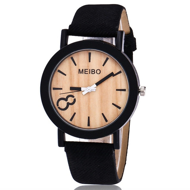 MEIBO Modeling Wooden Quartz Mens Watch Casual Wooden Color Leather Watch