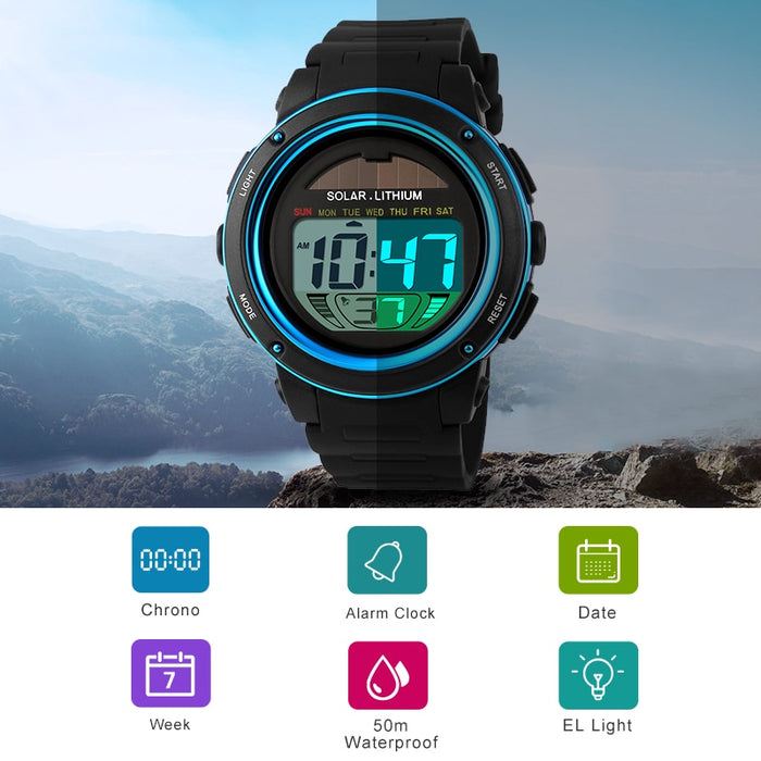 Reloj deportivo SKMEI 1096 para exteriores, relojes de pulsera con correa Solar de PU para hombre, cronógrafo con alarma, 5bar, reloj Digital resistente al agua para hombre 