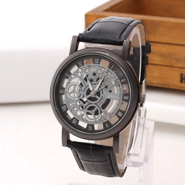 Reloj esqueleto de negocios a la moda para Hombre, Reloj hueco grabado para Hombre, Reloj de pulsera de cuarzo, Reloj con banda de cuero para Mujer, Relojes para Mujer