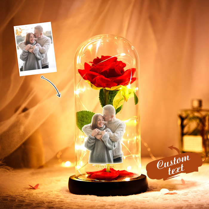 Foto personalizada con texto, luz nocturna Led, cubierta de cristal, flor rosa roja eterna, decoración de escritorio para el hogar