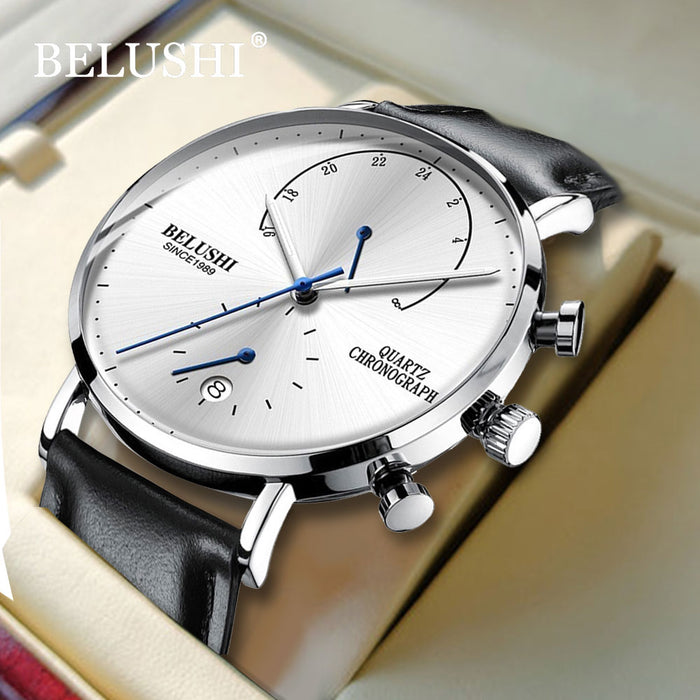 Quartz Watch Men Watches Modern Chronograph Men Watch Leather Strap Watches Man Imitation Luxury Men'S Sports Watch--Belushi 537 SILVER