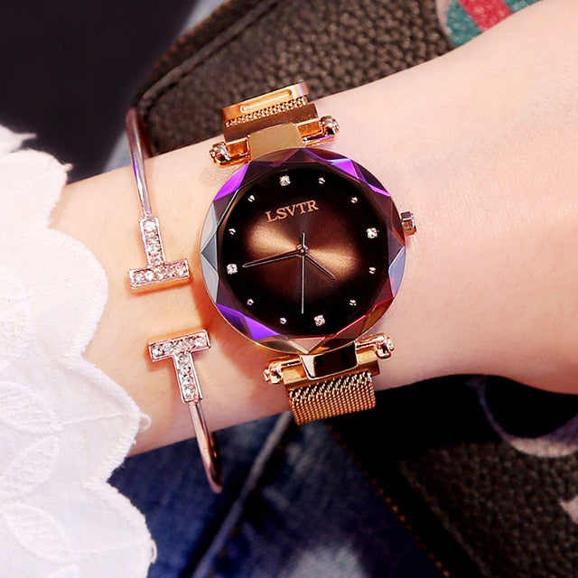 Relojes de lujo de oro rosa para mujer, reloj de pulsera femenino resistente al agua con imán de cielo estrellado y diamantes a la moda para regalo