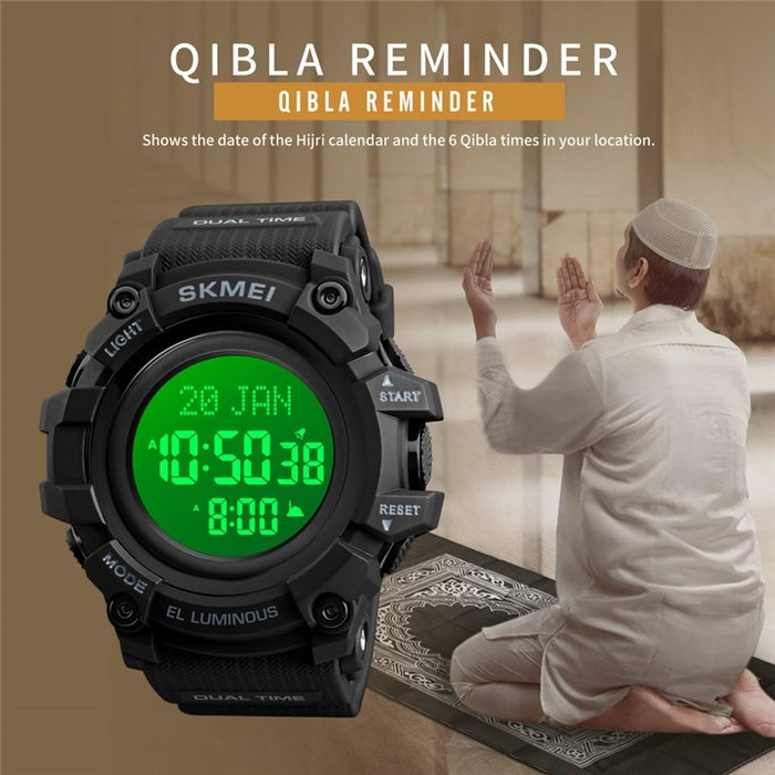 SKMEI 1680 Brújula musulmana Slamic Indicación de dirección de oración multifuncional Relojes deportivos Reloj de pulsera de goma digital LED electrónico 