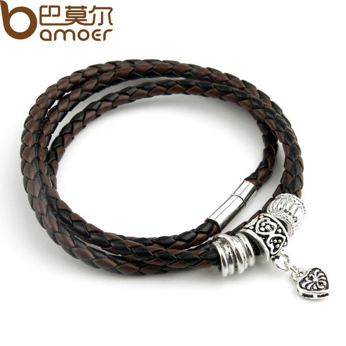 Pulsera de cuero negro con dije de plata BAMOER para mujer, joyería con cierre magnético de cinco colores PI0311 