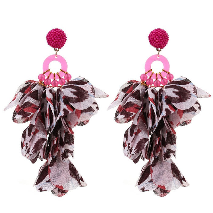 Handmade fabric floral leopard print tassel earrings