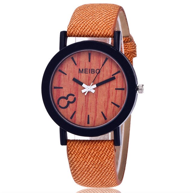 MEIBO Modeling Wooden Quartz Mens Watch Casual Wooden Color Leather Watch