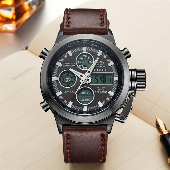 BIDEN Luxury Men Watch Leather LED Sport  Digital Quartz Clocks 0031