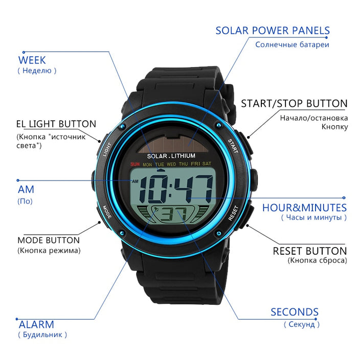 Reloj deportivo SKMEI 1096 para exteriores, relojes de pulsera con correa Solar de PU para hombre, cronógrafo con alarma, 5bar, reloj Digital resistente al agua para hombre 