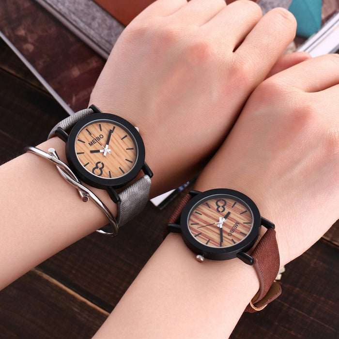 MEIBO Modeling Wooden Quartz Mens Watch Casual Wooden Color Leather Watch