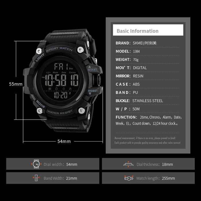 SKMEI 1384 Cronómetro de cuenta regresiva Reloj deportivo Relojes para hombre Reloj de pulsera de lujo para hombre Reloj LED electrónico digital resistente al agua