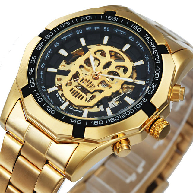 Reloj mecánico para hombre con calavera y correa de acero inoxidable dorada, reloj esqueleto para hombre 