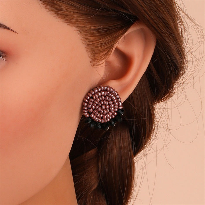 Fashionable geometric crystal handmade rice bead earrings