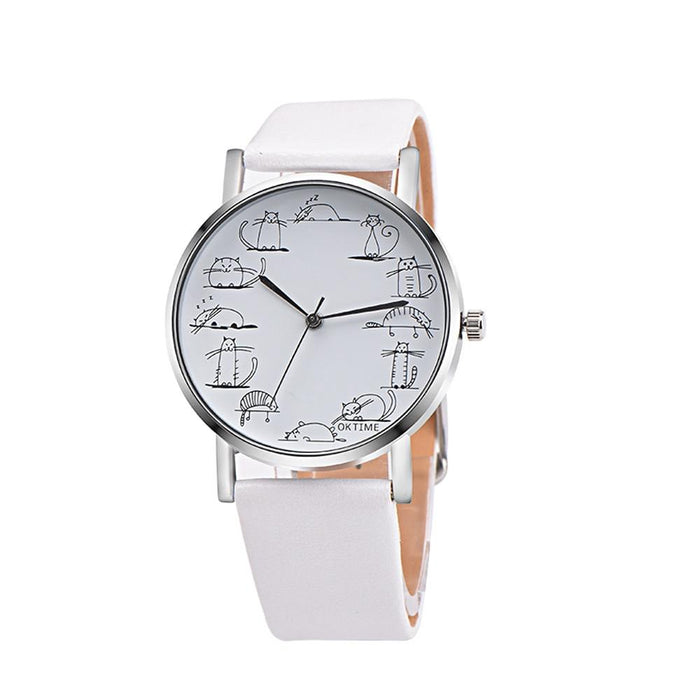 Lovely Cartoon Cat Leather Quartz Women Watch