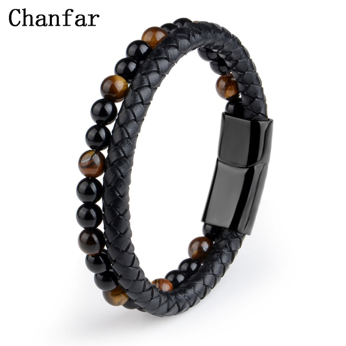 Pulseras de piedra natural Pulsera trenzada de cuero genuino Cierre magnético de acero inoxidable negro Brazaletes de cuentas de ojo de tigre Joyería para hombres 