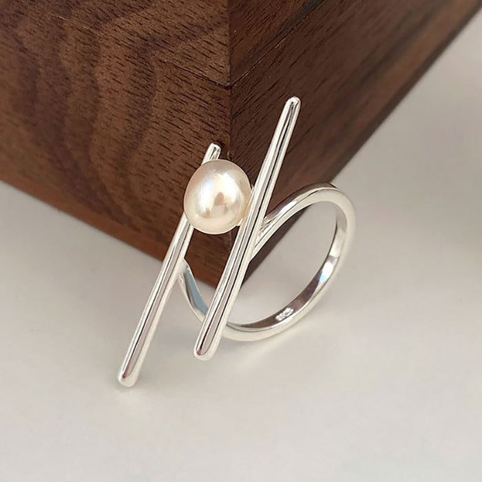 Nuevos anillos de perlas de Color plateado a la moda para mujeres y parejas, regalos de joyería para fiesta de cumpleaños hechos a mano geométricos simples creativos