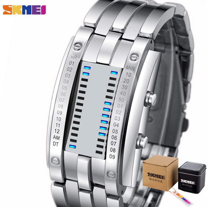 Reloj deportivo SKMEI 0926 creativo de moda para hombre, correa de acero inoxidable, relojes con pantalla LED, reloj Digital resistente al agua 5Bar, reloj para hombre 