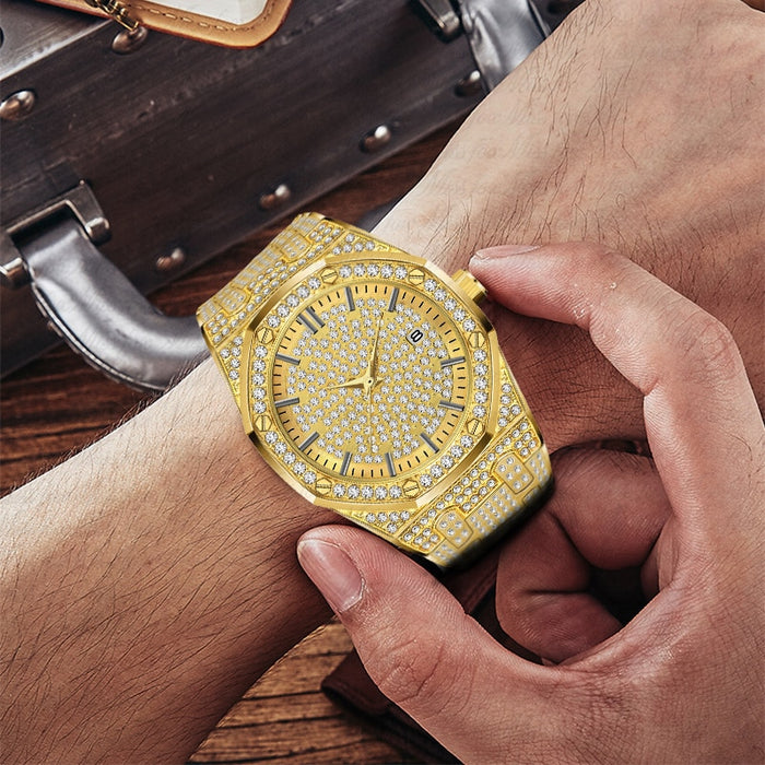 Missfox V294 Reloj de oro de 18 quilates para hombre Relojes de marca de lujo con diamantes para hombre Relojes de primeras marcas de lujo FF Iced Out Reloj de cuarzo masculino Calendario Regalo único para hombres 