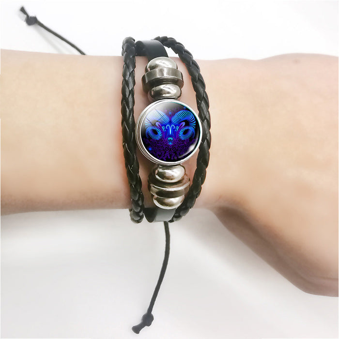 12 Constellations Beaded Glow Leather Bracelet Glass Alloy Multilayer Handwoven 12 Constellations Bracelet