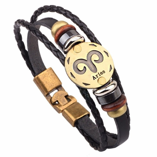 12 Horóscopo Pulsera de cuero Hombres Joyería Vintage Retro Charm Pulsera Joyería masculina 8.2