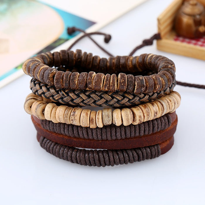 Conjunto de pulsera retro minimalista europeo y americano, pulsera de piel de vaca tejida DIY, pulsera de concha de coco, cuerda de cáñamo para hombre, cuero br