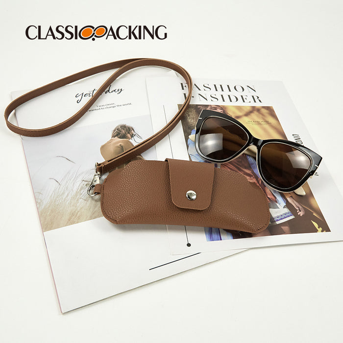 Fashion PVC Double-Sided Leather Glasses Protective Case Portable Leather Mirror Clip Hanging Neck Glasses Bag Anti-Lost Glasses Protective Case