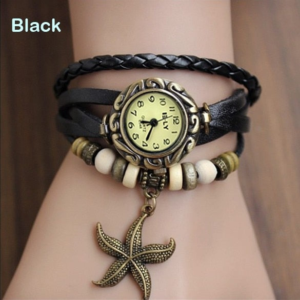 Reloj de pulsera de estrella de mar para mujer, reloj Retro tejido, relojes envolventes de cuero genuino, reloj de pulsera de estrella de mar, esfera pequeña Bnad delgada LL