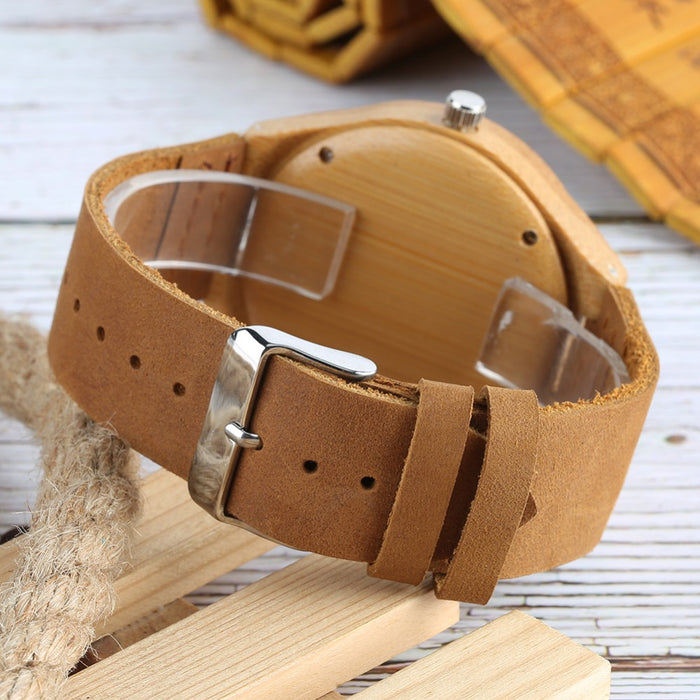 Relojes de madera Reloj de cuarzo Hombres Bambú Reloj de pulsera moderno Analógico Naturaleza Madera Cuero suave Regalos creativos de cumpleaños