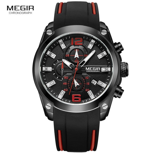 Megir Men's Chronograph Analog Quartz Watch with Date, Luminous Hands, Waterproof Silicone Rubber Strap Wristswatch