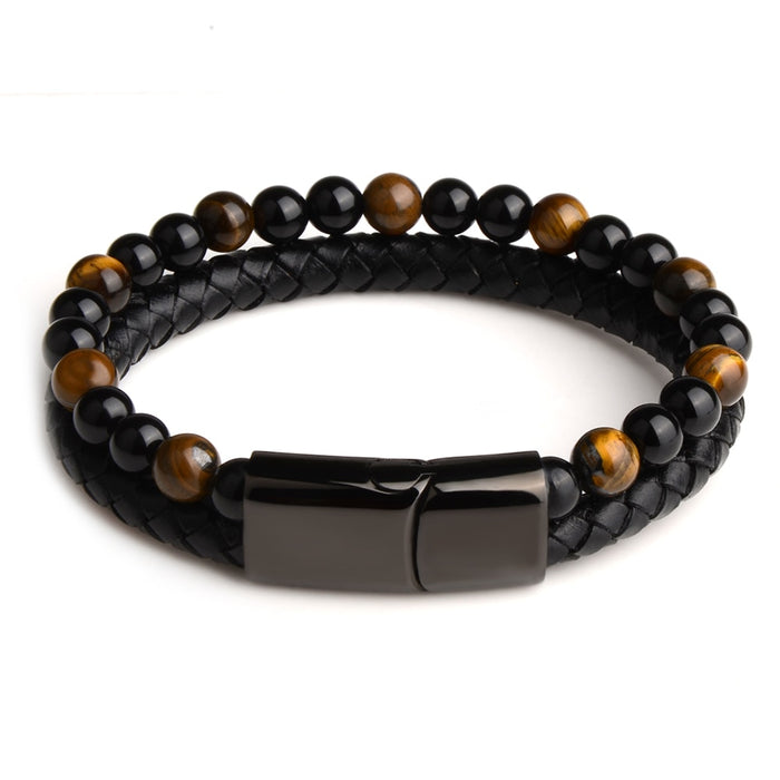 Pulseras de piedra natural Pulsera trenzada de cuero genuino Cierre magnético de acero inoxidable negro Brazaletes de cuentas de ojo de tigre Joyería para hombres 