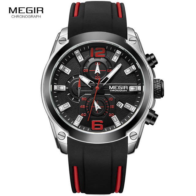 Megir Men's Chronograph Analog Quartz Watch with Date, Luminous Hands, Waterproof Silicone Rubber Strap Wristswatch