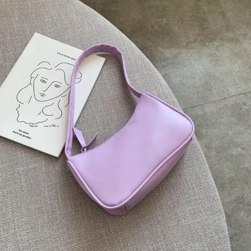 Bolso de cuero suave de PU para mujer, bolsa de axila púrpura, Retro, Color sólido, bolsos Baguette para mujer, diseño de moda, bolsos de hombro pequeños para niñas