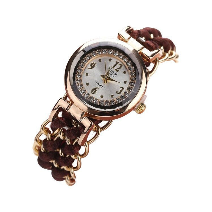 Nuevo reloj de cuerda tejida con esfera pequeña con incrustaciones de diamantes para mujer, reloj de cuarzo con cuerda retráctil de moda creativa para mujer