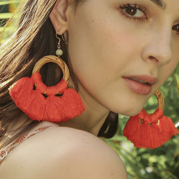 Pastoral style ethnic style tassel earrings exaggerated earrings fashion long earrings handmade rattan ladies accessories