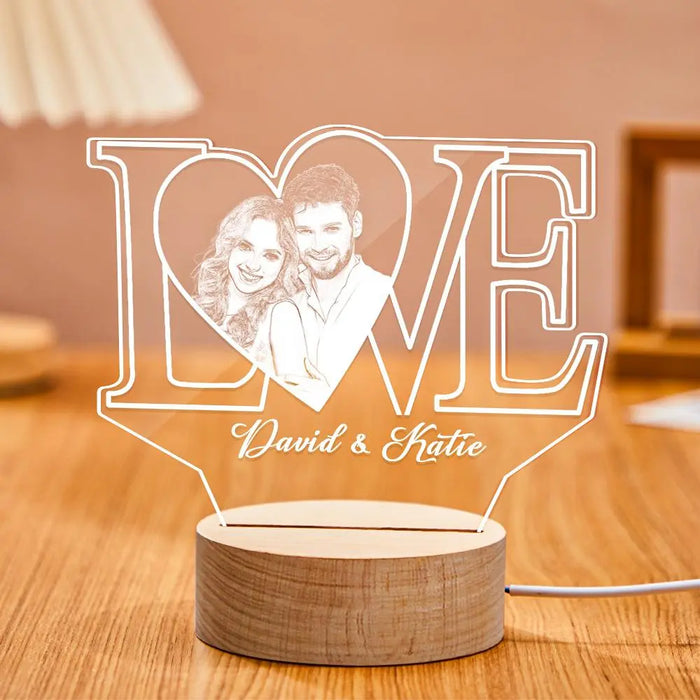 Luz nocturna acrílica 3D LOVE personalizada con texto y foto