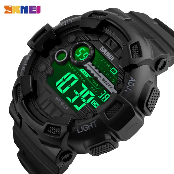 Reloj deportivo SKMEI 1243 para exteriores, reloj multifunción para hombre, 5bar, resistente al agua, correa de PU, relojes con pantalla LED, reloj Digital cronógrafo para hombre 