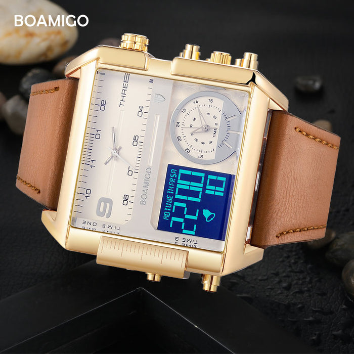 BOAMIGO Brand Men Sports Watches Man Military chronograph digital Watch Leather Rectangle Quartz Wristwatches