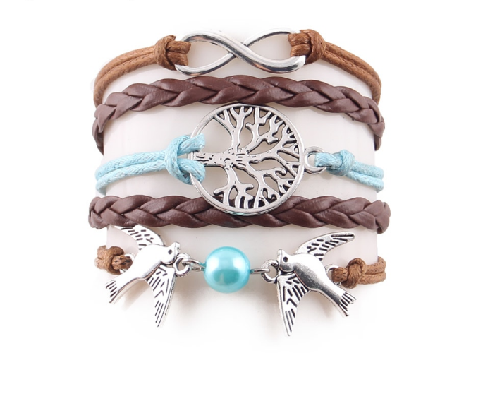 Moda infinito árbol pájaros voladores encanto imitación perla cuero trenza mujeres pulsera envolvente pulseras y brazaletes para mujer joyería