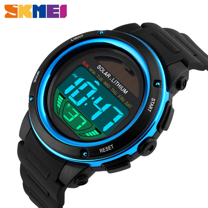 Reloj deportivo SKMEI 1096 para exteriores, relojes de pulsera con correa Solar de PU para hombre, cronógrafo con alarma, 5bar, reloj Digital resistente al agua para hombre 