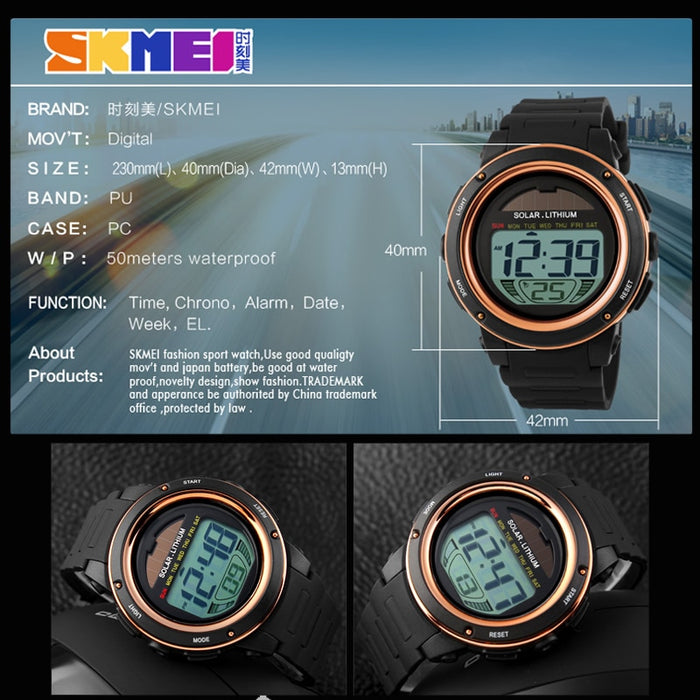 Reloj deportivo SKMEI 1096 para exteriores, relojes de pulsera con correa Solar de PU para hombre, cronógrafo con alarma, 5bar, reloj Digital resistente al agua para hombre 