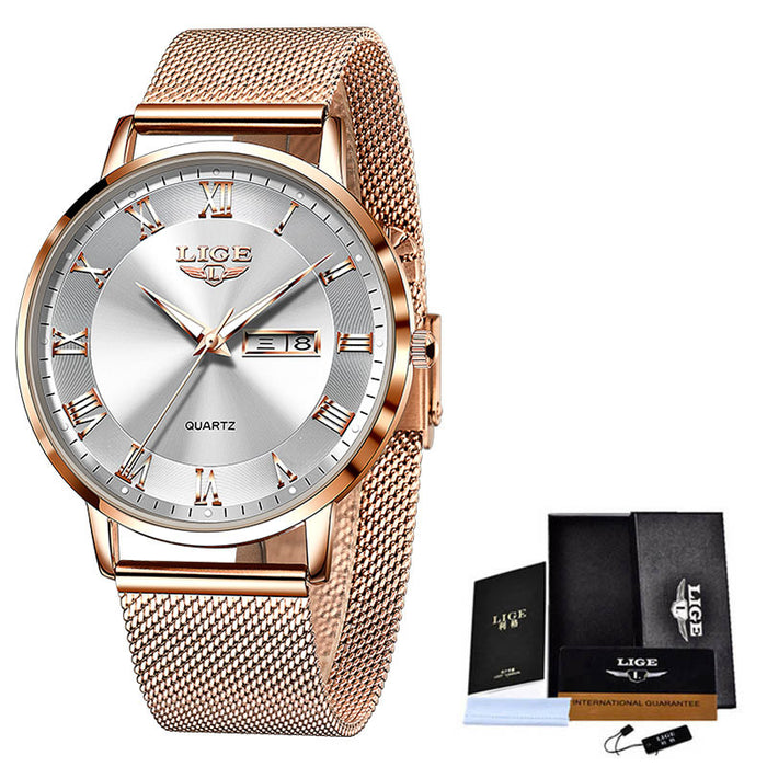 LIGE Ultra Thin Ladies Quartz Watch Classic Women's Watch Dual Calendar Waterproof Watch Milan Mesh Strap Watch