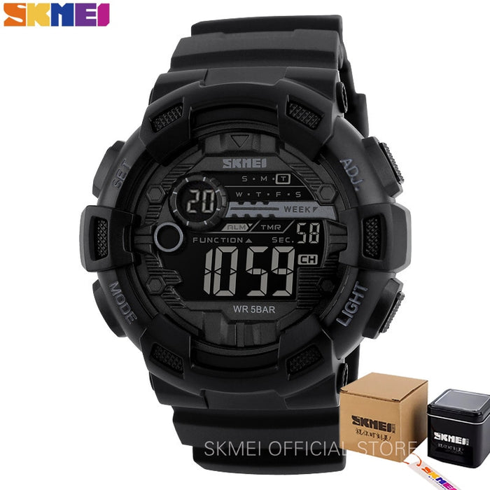 Reloj deportivo SKMEI 1243 para exteriores, reloj multifunción para hombre, 5bar, resistente al agua, correa de PU, relojes con pantalla LED, reloj Digital cronógrafo para hombre 