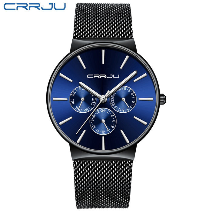 Relojes CRRJU de lujo para hombre, reloj de pulsera con fecha ultrafino resistente al agua, correa de malla para hombre, reloj de cuarzo informal 