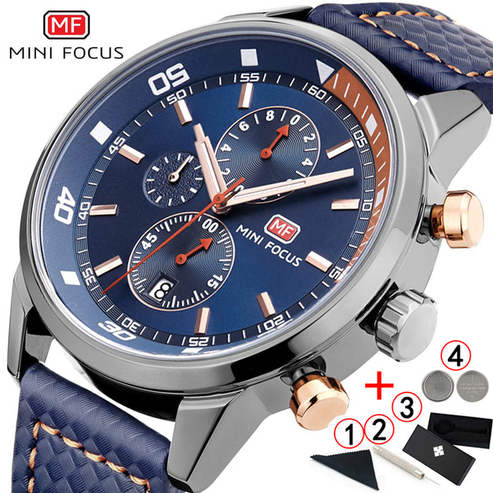 Relojes MF0017G de lujo para hombre, marca MINI FOCUS, reloj de cuero de moda de cuarzo, cronógrafo para hombre, reloj de pulsera para hombre, reloj masculino