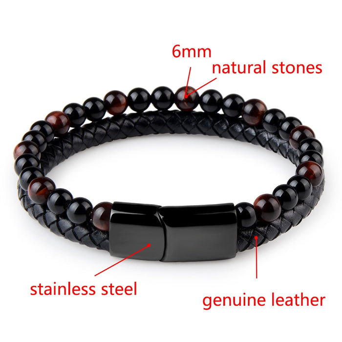 Pulseras de piedra natural Pulsera trenzada de cuero genuino Cierre magnético de acero inoxidable negro Brazaletes de cuentas de ojo de tigre Joyería para hombres 