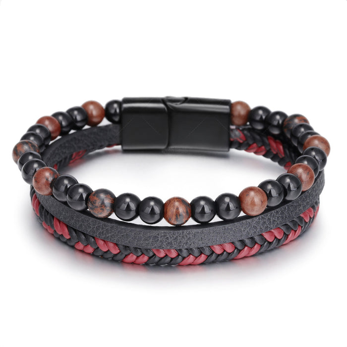 Simple Hand Braided Leather Natural Tiger Eye Bracelet Hand Braided Volcanic Stone Beaded Men's Bracelet