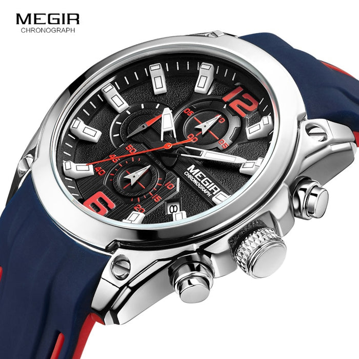 Megir Men's Chronograph Analog Quartz Watch with Date, Luminous Hands, Waterproof Silicone Rubber Strap Wristswatch